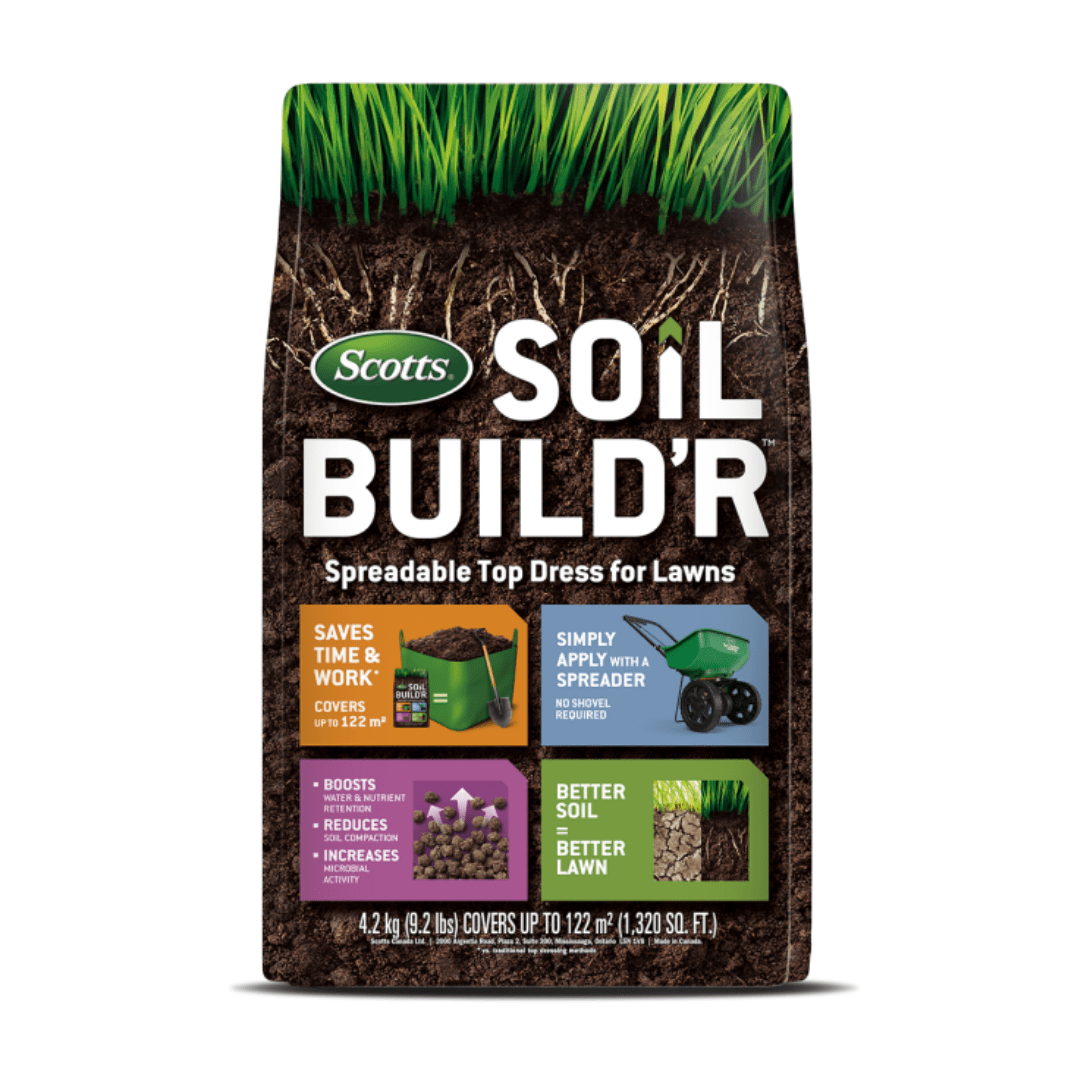 69 Bag of Scotts Soil Build’R, a spreadable top dress for lawns, promoting soil health and lawn improvement benefits.
