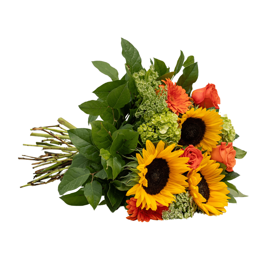 311 Bouquet of sunflowers and roses with green foliage, perfect for brightening any space or occasion.