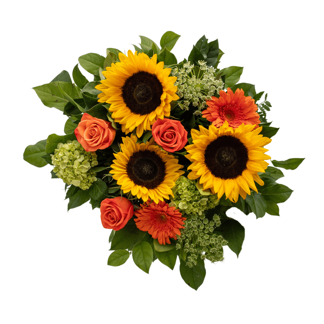 Vibrant bouquet of sunflowers, orange roses, and greenery creating a cheerful floral arrangement. Perfect for gifts.
