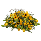 Vibrant floral arrangement with yellow roses, sunflowers, greenery, and decorative branches on a white background.