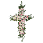 Floral cross arrangement with pink and white roses and greenery, perfect for a funeral or memorial service.