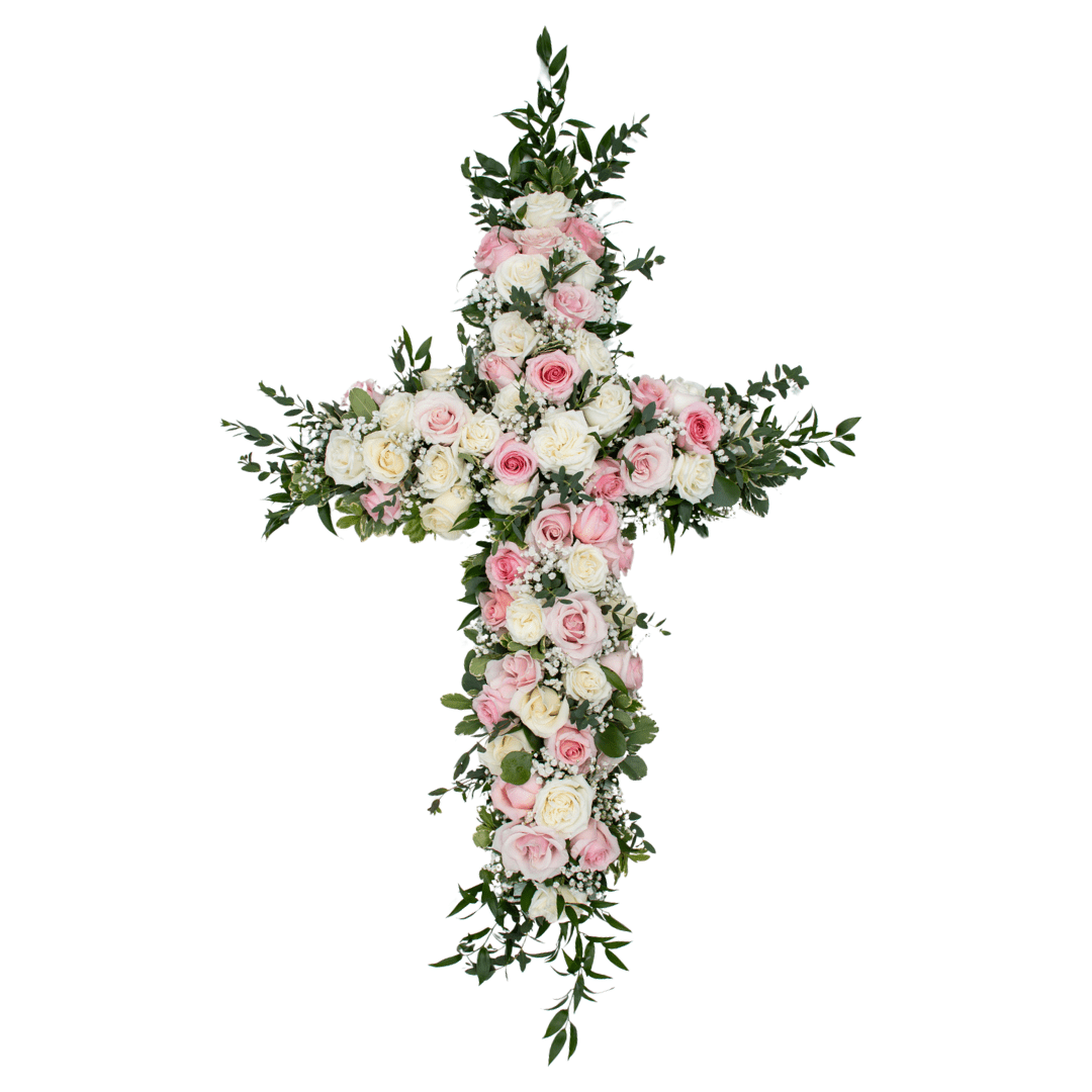 352 Floral cross arrangement with pink and white roses and greenery, perfect for a funeral or memorial service.