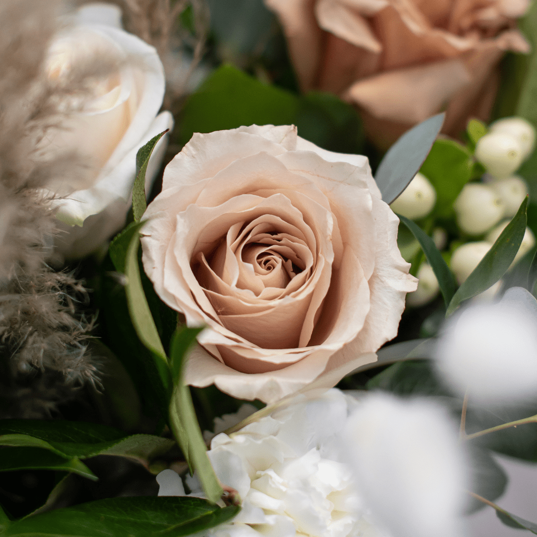Delicate blush rose in full bloom surrounded by greenery and soft flowers, creating an elegant floral arrangement.