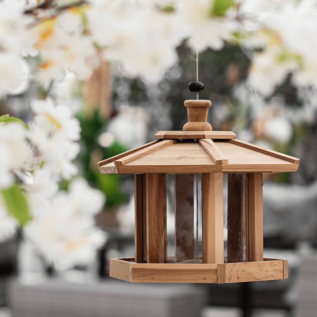 Elegant wooden lantern hanging among blooming white flowers outdoors.