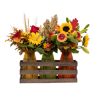 Rustic floral arrangement with sunflowers and autumn colors in a wooden crate, perfect for fall decor.