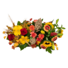 Vibrant fall bouquet of roses, sunflowers, daisies, and autumn foliage, perfect for seasonal decoration.