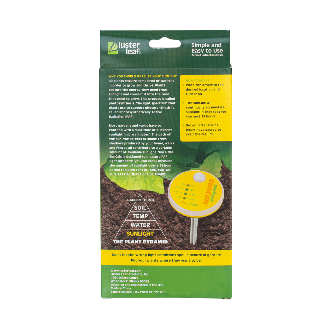 Luster Leaf SunCalc plant sunlight measuring tool packaging with usage instructions and product features.