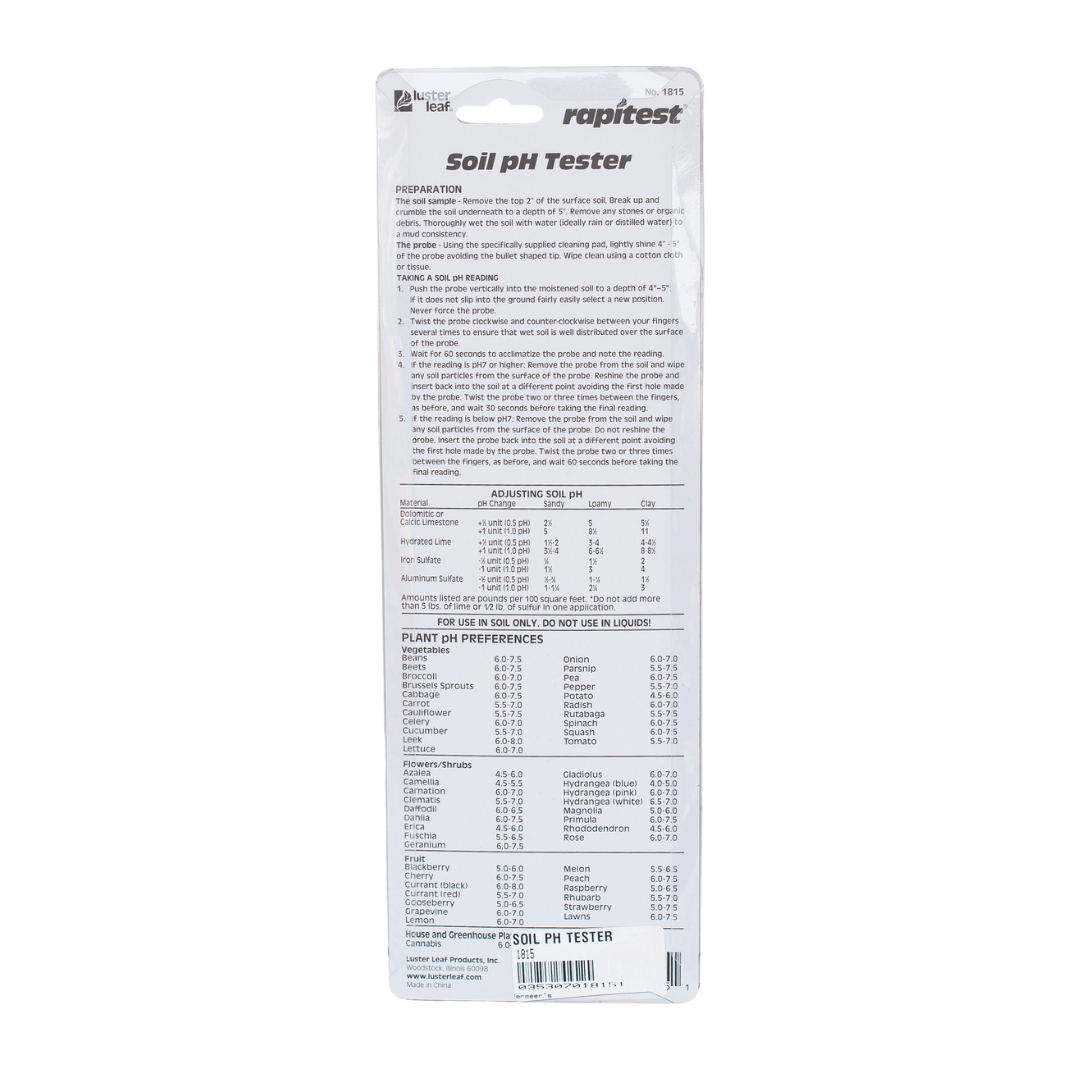 Back of Rapitest Soil pH Tester packaging with instructions and plant pH preference chart.