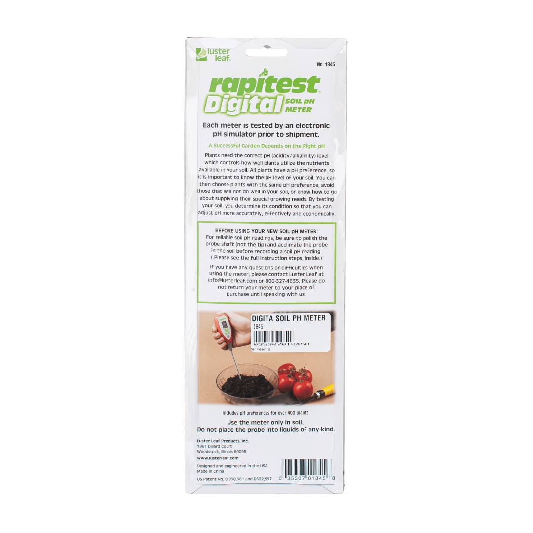 Packaging for Luster Leaf Rapitest Digital Soil pH Meter with instructional text and image of pH testing in soil.
