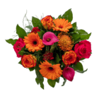 Vibrant bouquet with orange gerberas, pink calla lilies, and red roses, perfect for special occasions and celebrations.
