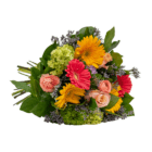 Vibrant bouquet of yellow, pink, and orange flowers with lush green leaves, ideal for special occasions or decoration.