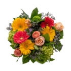Vibrant bouquet of yellow, red, and pink flowers with lush green leaves, perfect for celebrations and brightening spaces.