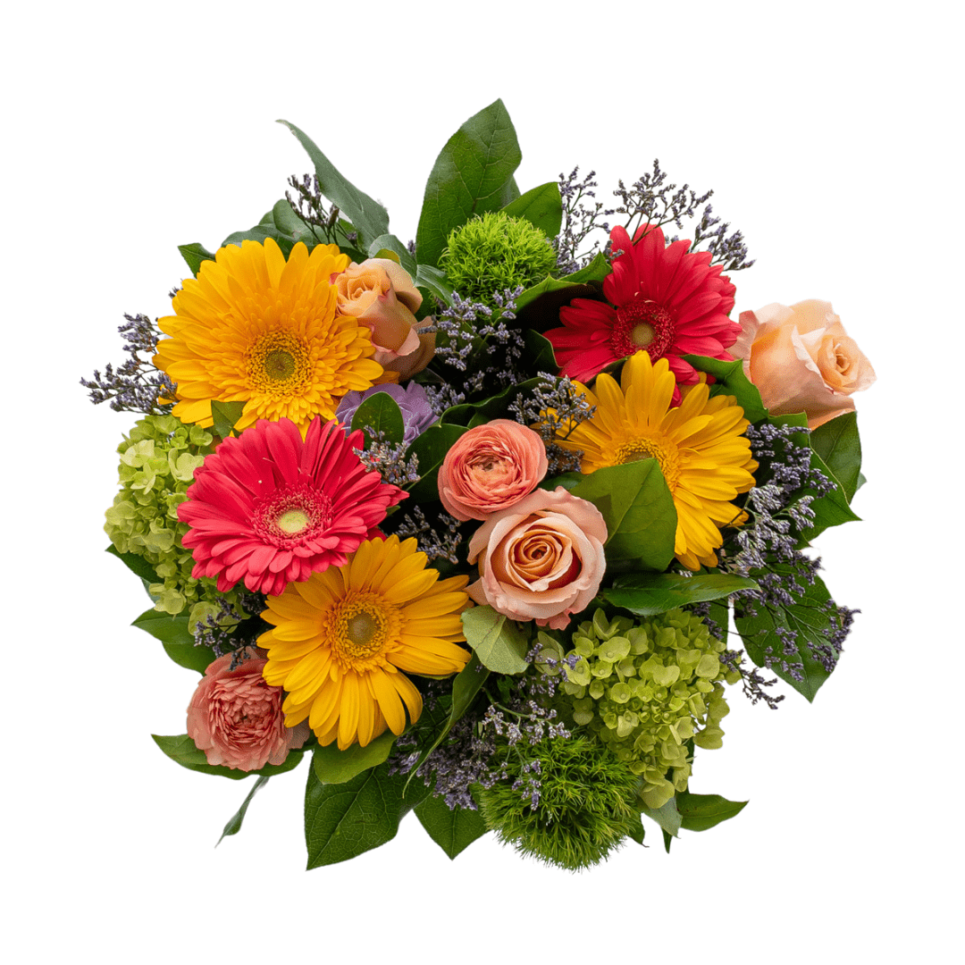Vibrant bouquet of yellow, red, and pink flowers with lush green leaves, perfect for celebrations and brightening spaces.