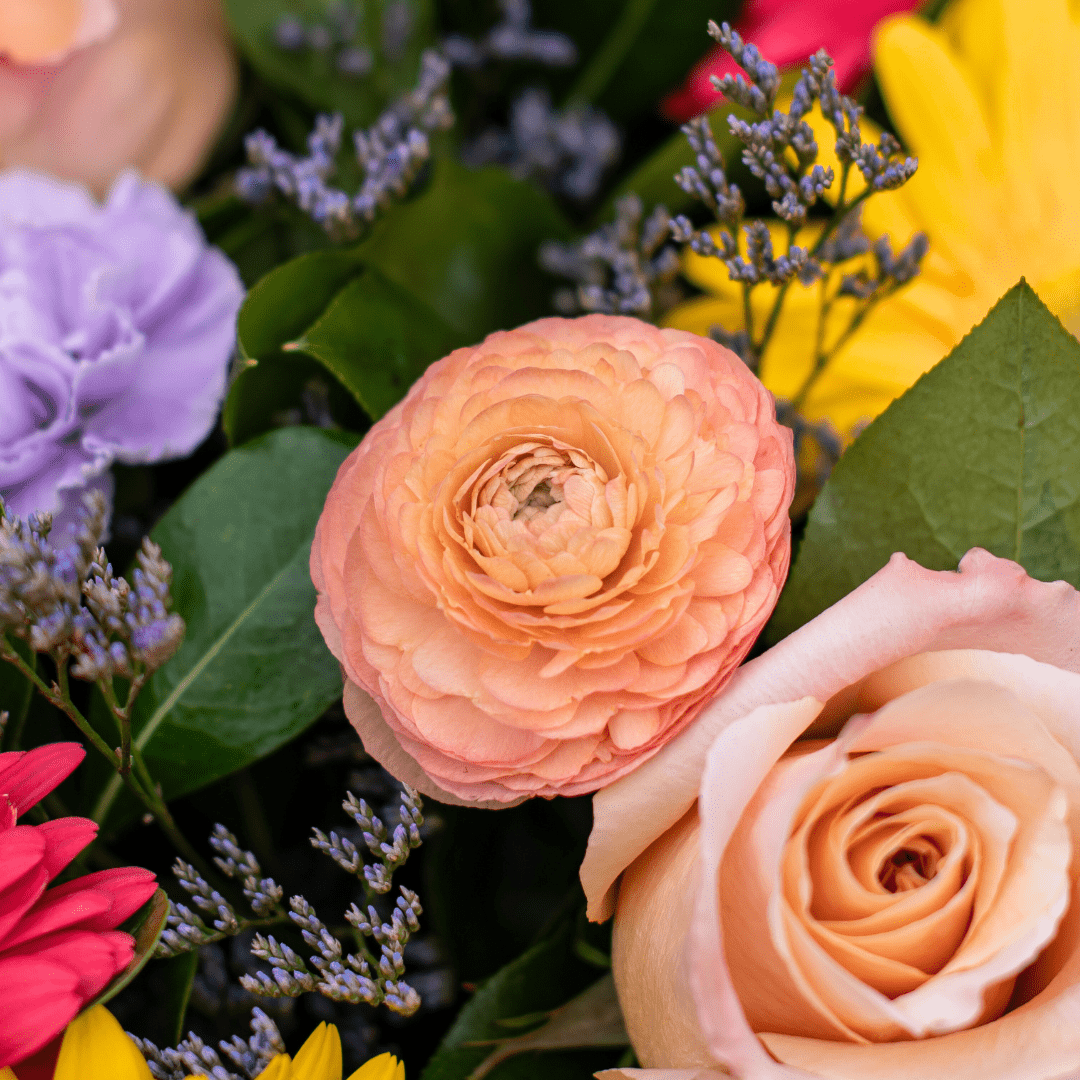 Vibrant bouquet with peach ranunculus, pink roses, purple lisianthus, and yellow daisies among lush green foliage.