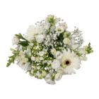 Elegant bouquet of white roses, daisies, and green foliage, perfect for weddings or special occasions.