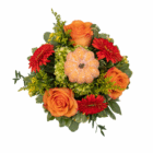 Autumn-themed floral arrangement with orange roses, red flowers, green foliage, and a decorative pumpkin centerpiece.