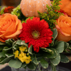 Autumn floral arrangement with orange roses, red gerbera, yellow blooms, and a small pumpkin centerpiece.
