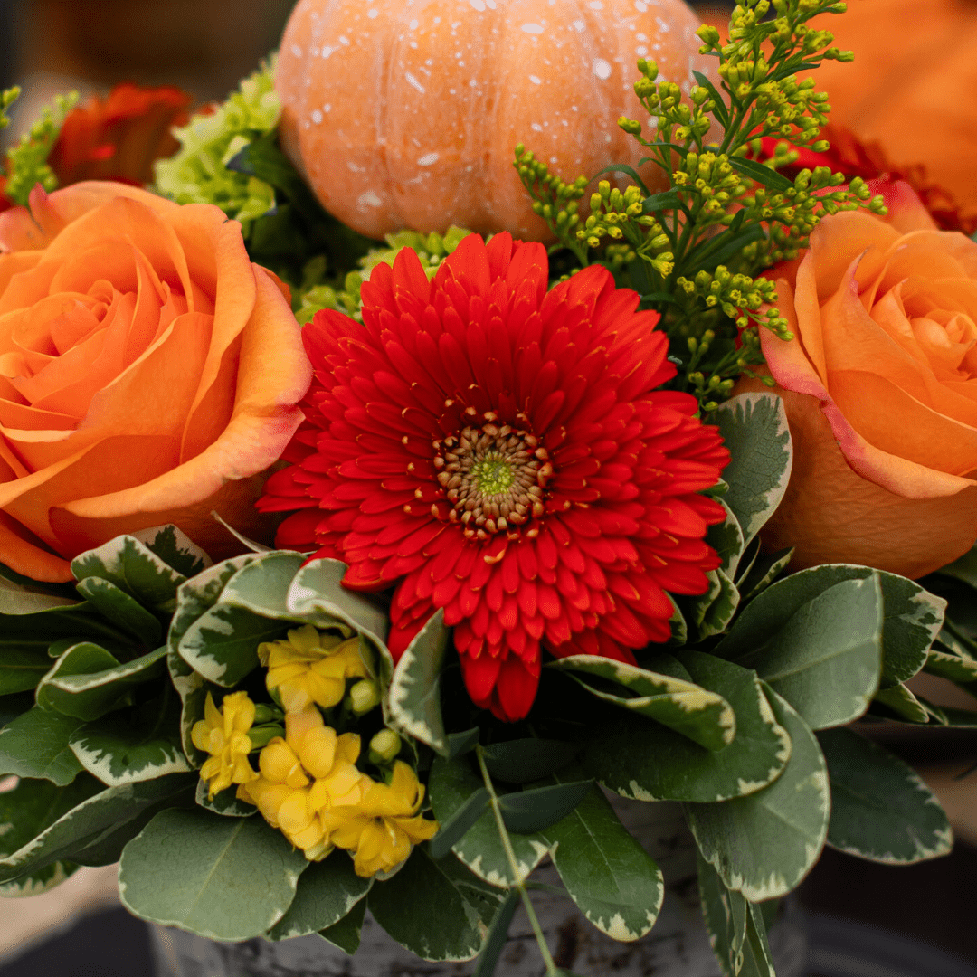 Autumn floral arrangement with orange roses, red gerbera, yellow blooms, and a small pumpkin centerpiece.