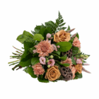 Elegant bouquet with peach roses, pink chrysanthemums, green foliage, and lotus pods, perfect for weddings or gifts.
