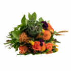 Bright bouquet with orange roses, dahlias, and greenery, perfect for autumn celebrations and festive decoration.