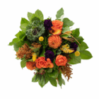 Vibrant autumn bouquet with orange roses and dahlias, purple flowers, and mixed greenery on a white background.