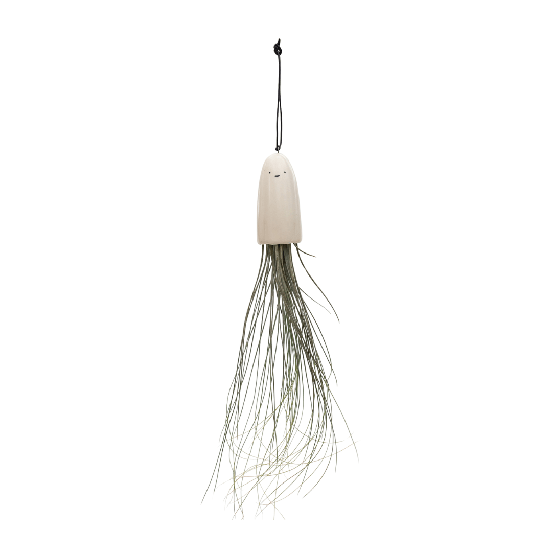 342 Whimsical hanging ceramic ghost planter with long air plant strands on white background.