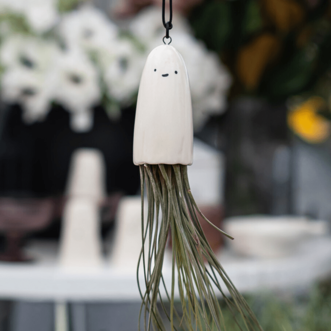 Cute ghost-shaped ceramic air plant holder hanging indoors.