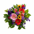 Vibrant bouquet of mixed flowers including sunflowers, gerberas, and daisies with lush green leaves.