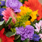 Vibrant bouquet featuring purple carnations, pink gerberas, and yellow sunflowers with lush green leaves.