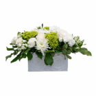 White and green floral arrangement in a decorative ceramic vase with lush leaves, perfect for elegant home decor.