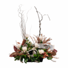 Elegant floral arrangement with white roses, dried branches, and greenery, perfect for home decor or special events.