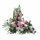Floral arrangement with pink roses, white daisies, and greenery on a white background.