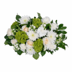 Elegant floral arrangement with white roses, chrysanthemums, and lush greenery, perfect for weddings or special occasions.