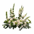 Elegant floral arrangement with ivory roses, white snapdragons, and lush greenery, perfect for weddings or celebrations.