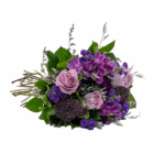 Bouquet of pink roses, purple flowers, and green leaves on a white background. Perfect for weddings or special occasions.