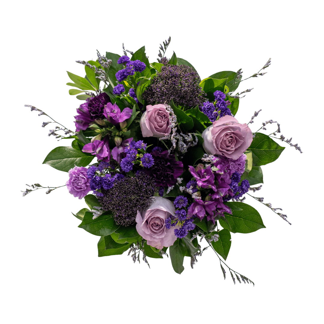 Vibrant bouquet of purple roses and assorted flowers with greenery, perfect for special occasions and romantic gestures.