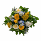 Vibrant bouquet with yellow daisies, white roses, blue thistles, and lush greenery, creating a cheerful floral arrangement.
