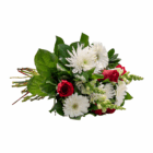 Bouquet of red roses and white daisies with green leaves, perfect for gifting or romantic occasions.