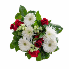 Bouquet of red roses and white chrysanthemums with green leaves, arranged in a vibrant floral display.