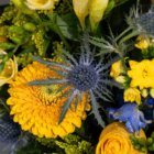Vibrant floral arrangement with yellow gerbera daisies, blue thistles, and mixed blooms for a colorful spring display.