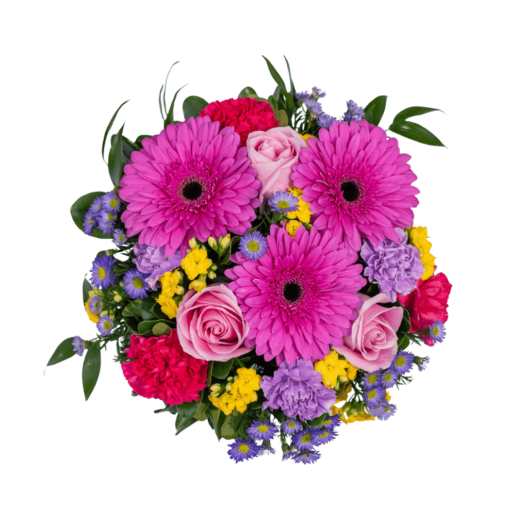 Vibrant floral bouquet with pink gerbera daisies, roses, and mixed colorful blooms on a white background.