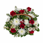 Basket of vibrant red roses and white blooms with lush greenery and small daisies, perfect for gifting or decoration.