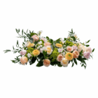 Elegant floral arrangement with pastel roses, white flowers, yellow blooms, and lush green foliage. Perfect for events.