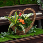 Heart-shaped wicker basket with vibrant flowers and greenery on a moss-covered piano.
