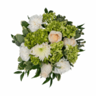 Elegant bouquet with white roses, carnations, and greenery, perfect for weddings or special occasions.