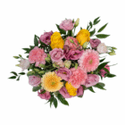 Colorful flower bouquet with pink roses, yellow roses, and lush green leaves, perfect for weddings or special occasions.