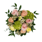 Bouquet of pink roses, green hydrangeas, and white flowers on a white background, perfect for celebrations.