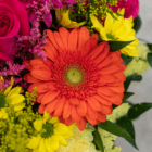 Vibrant bouquet with orange gerbera daisy, yellow chrysanthemums, red roses, and greenery.