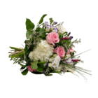 Elegant bouquet with pink roses, white hydrangeas, and assorted greenery. Perfect for weddings and celebrations.