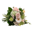 Elegant bouquet of soft pink roses, white daisies, and lush greenery, perfect for weddings and special occasions.